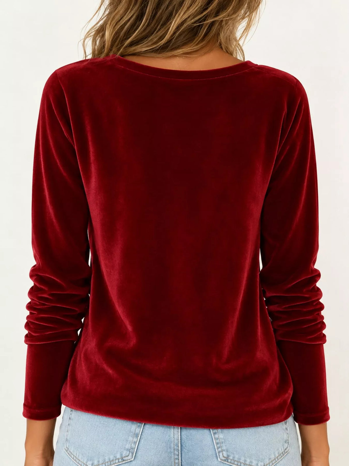Red velvet cowl neck long sleeve t shirt, back view