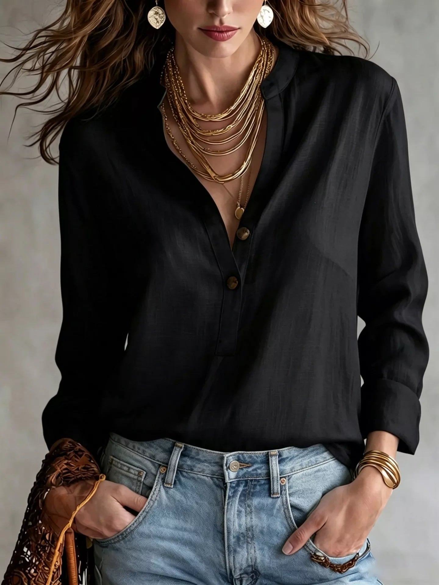 Trendsi Button Detail Long Sleeve Blouse -