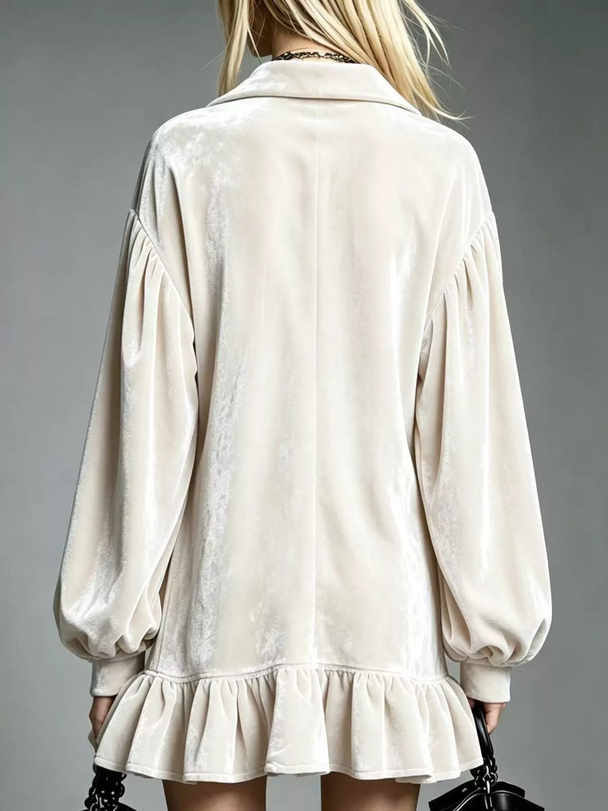 White Velvet Long Sleeve Ruffle-Hem Mini Dress back view