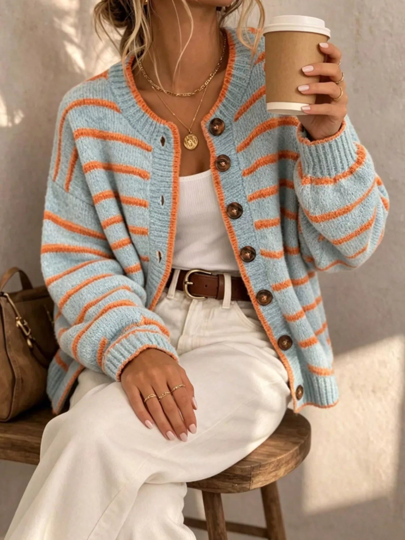 Trendsi Striped Button-Down Knit Cardigan -