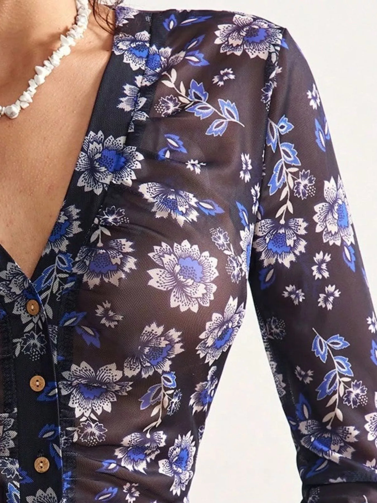 Women's Printed Flare Sleeve Button Down Top in Peacock  Blue, alternate view