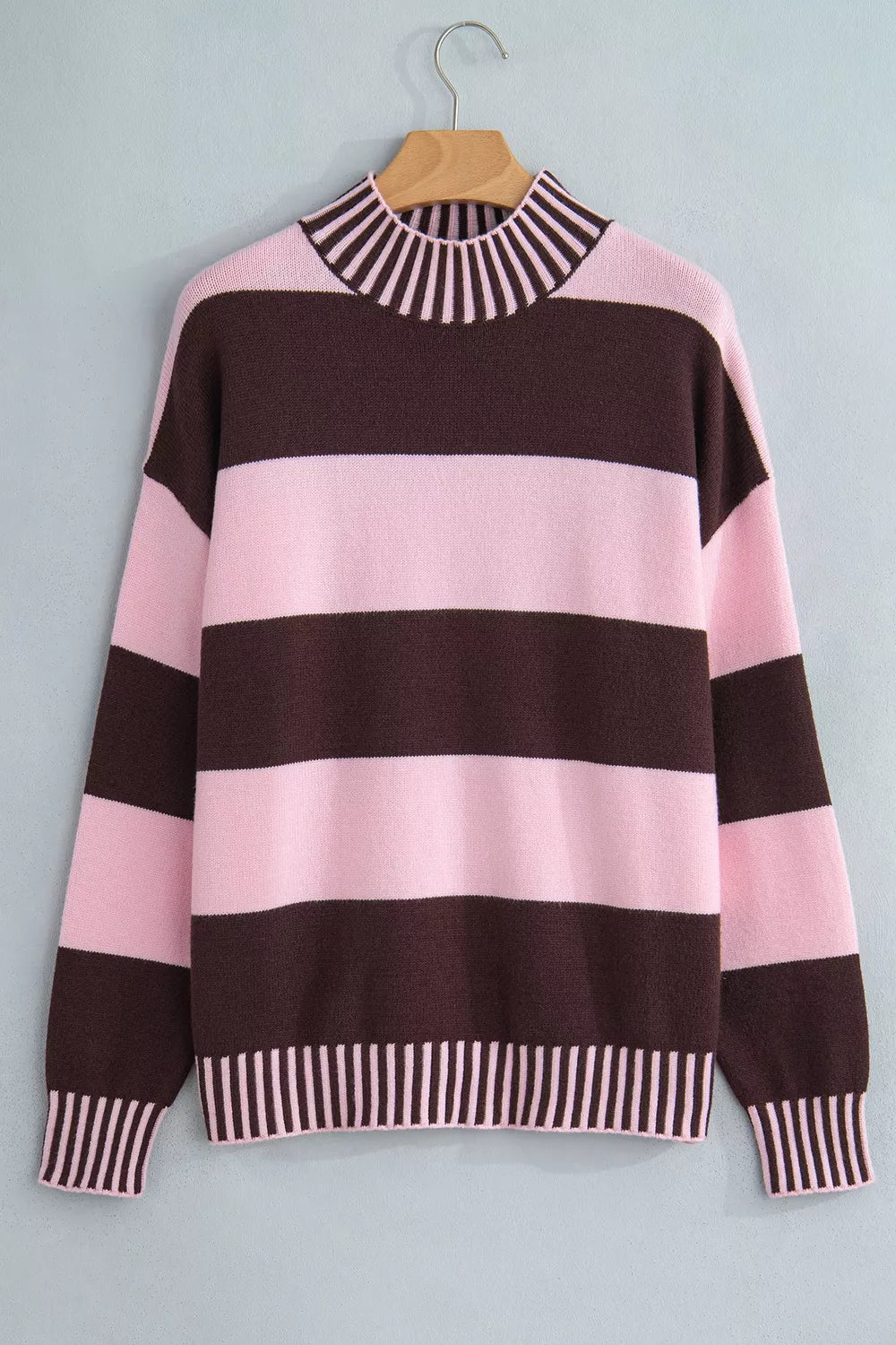 Trendsi Stripe Contrast High Neck Dropped Shoulder Relaxed Sweater -