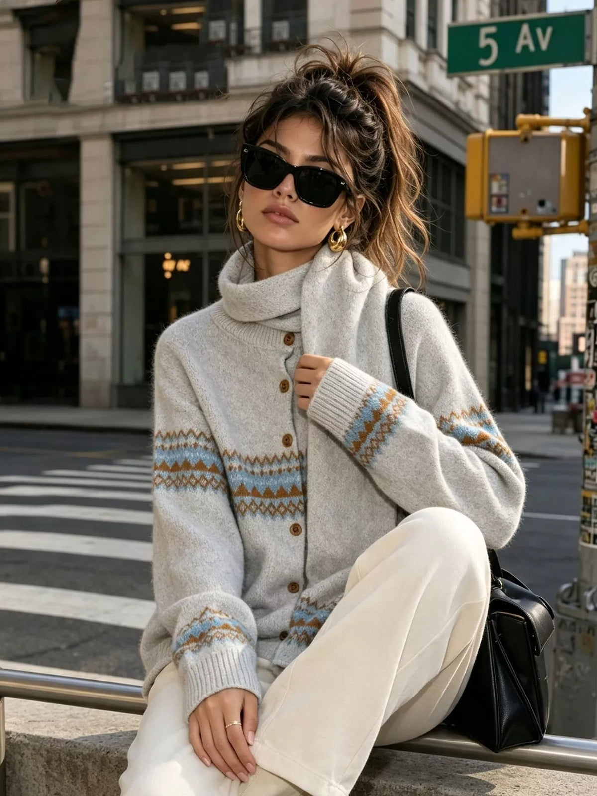 Light gray geometric button-front knit cardigan, seated front view.