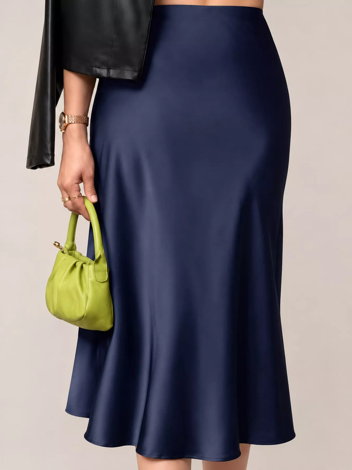 Satin midi skirt, navy front