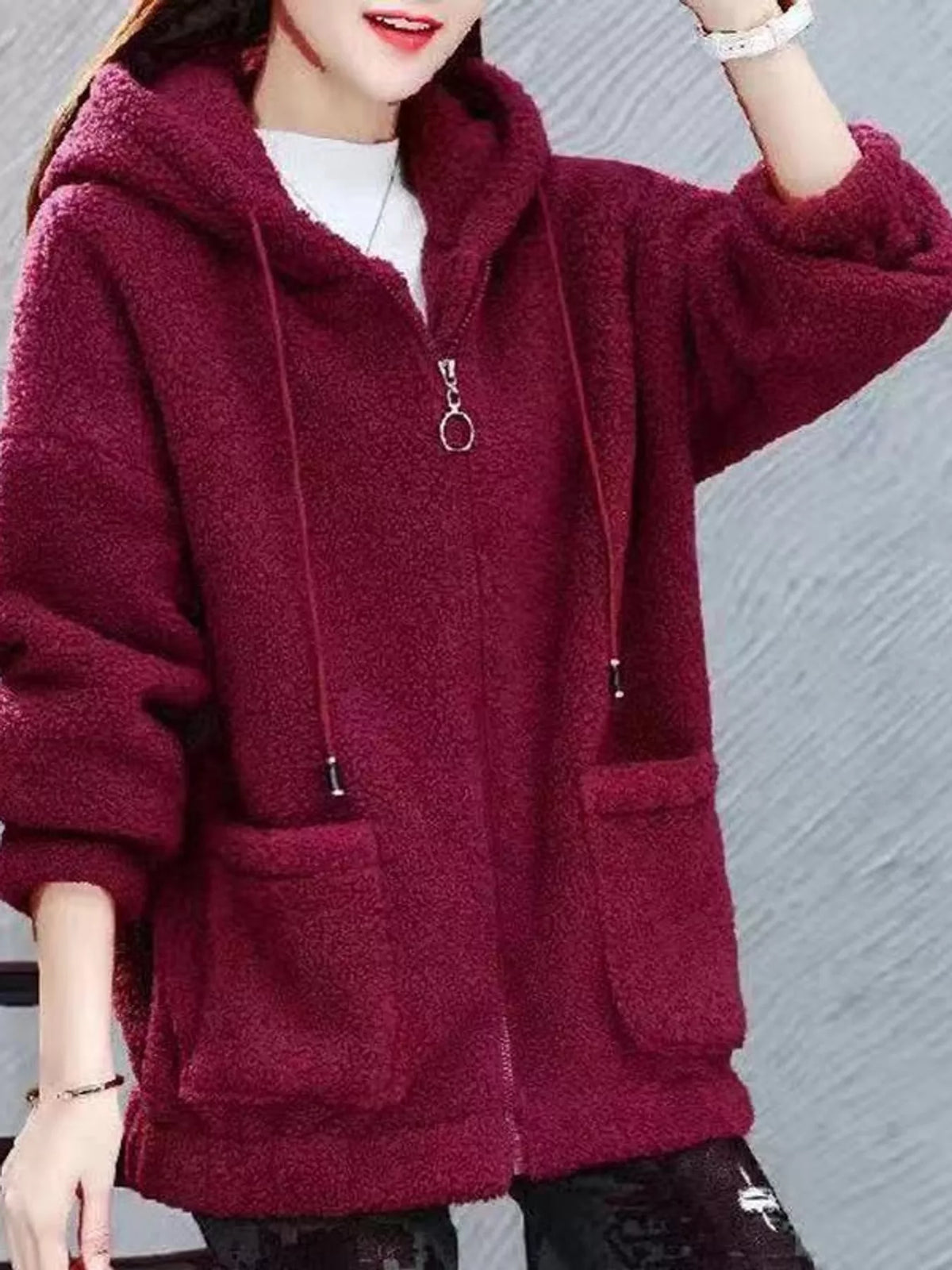 Burgundy fleece zip-up hoodie with pockets