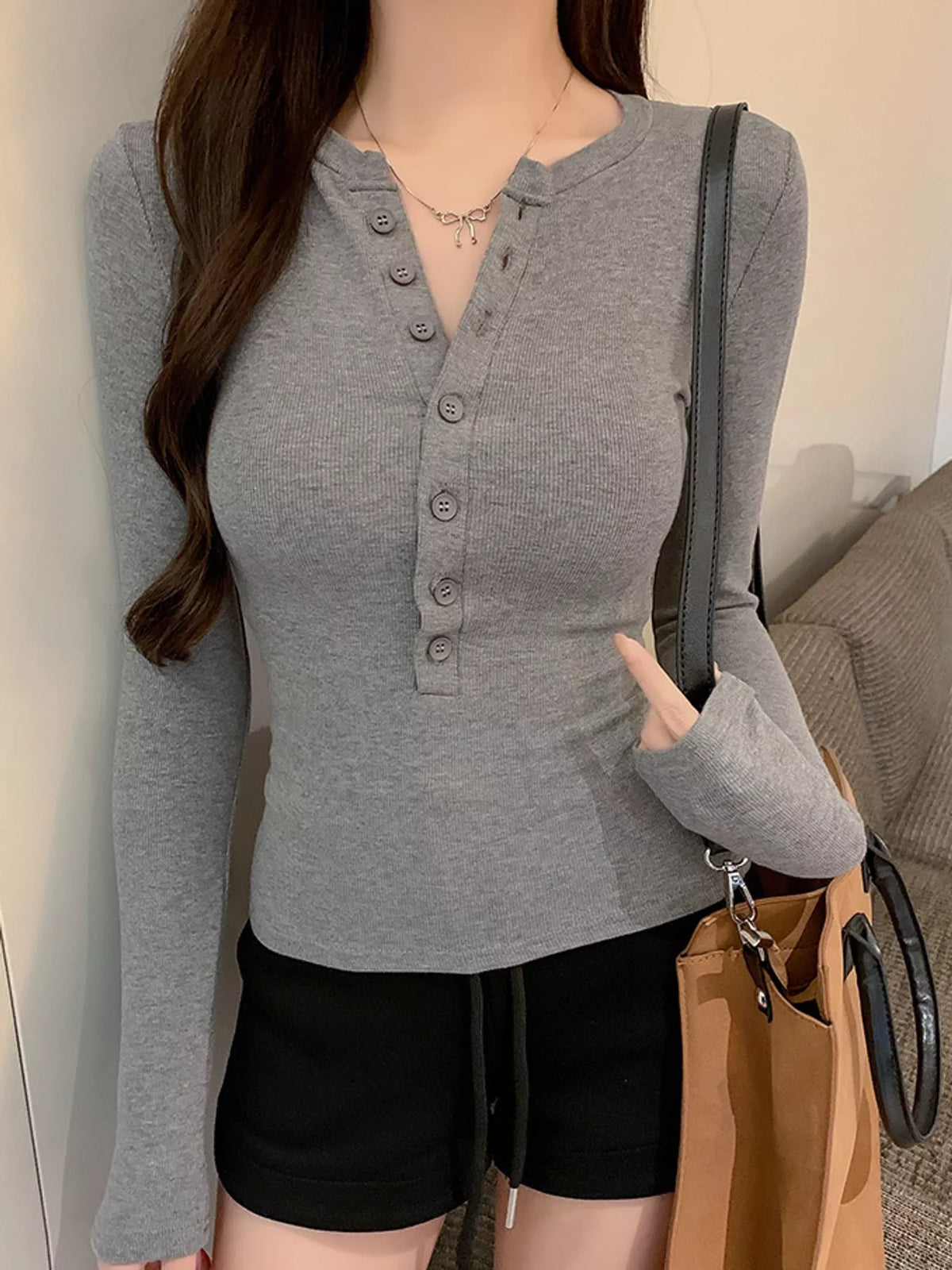 Button Detail Long Sleeve T-Shirt, detail view in gray