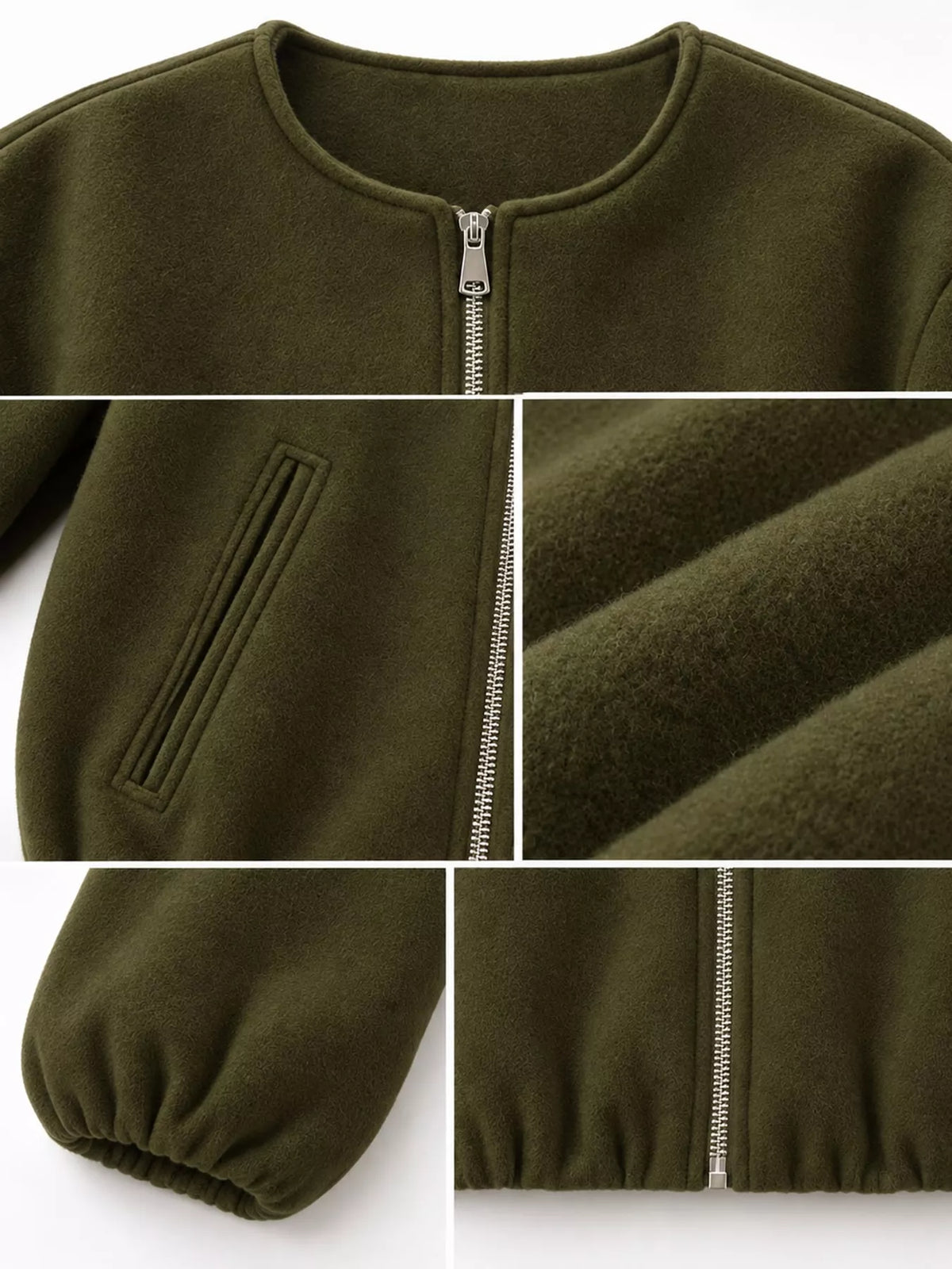 Olive zip-up long sleeve jacket — design and construction details