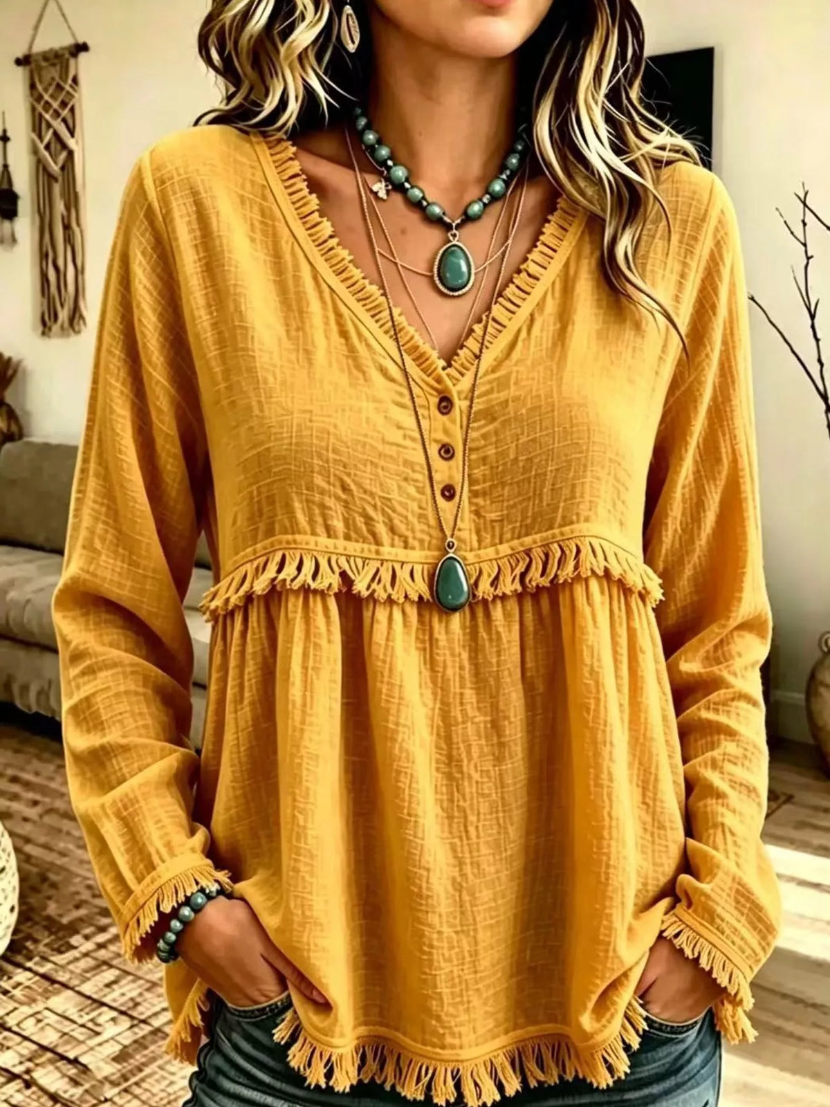 Fringe-trim blouse, mustard front