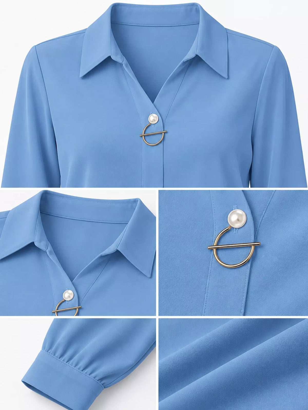 Women's Collared Clasp Detail Long Sleeve Satin Blouse in light blue — detail collage view