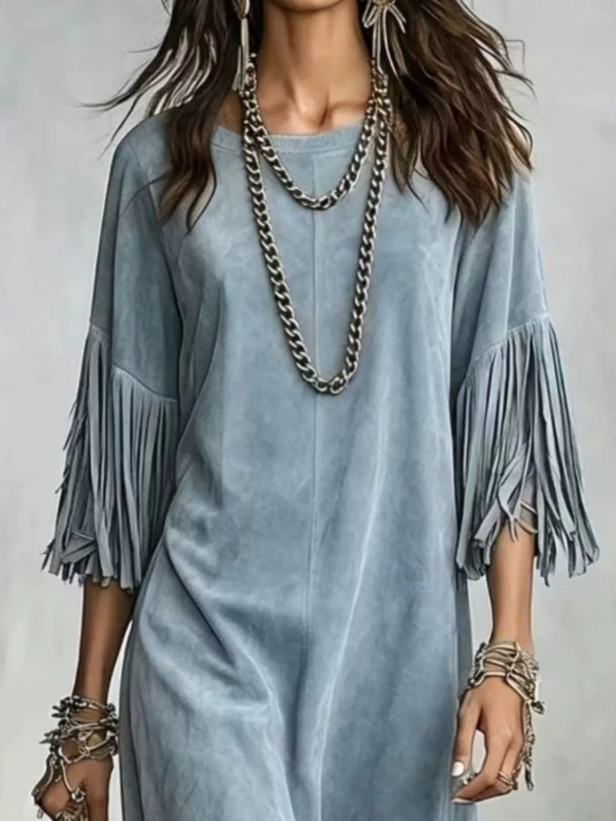 Blue fringed asymmetric-hem midi dress, neckline and sleeve detail