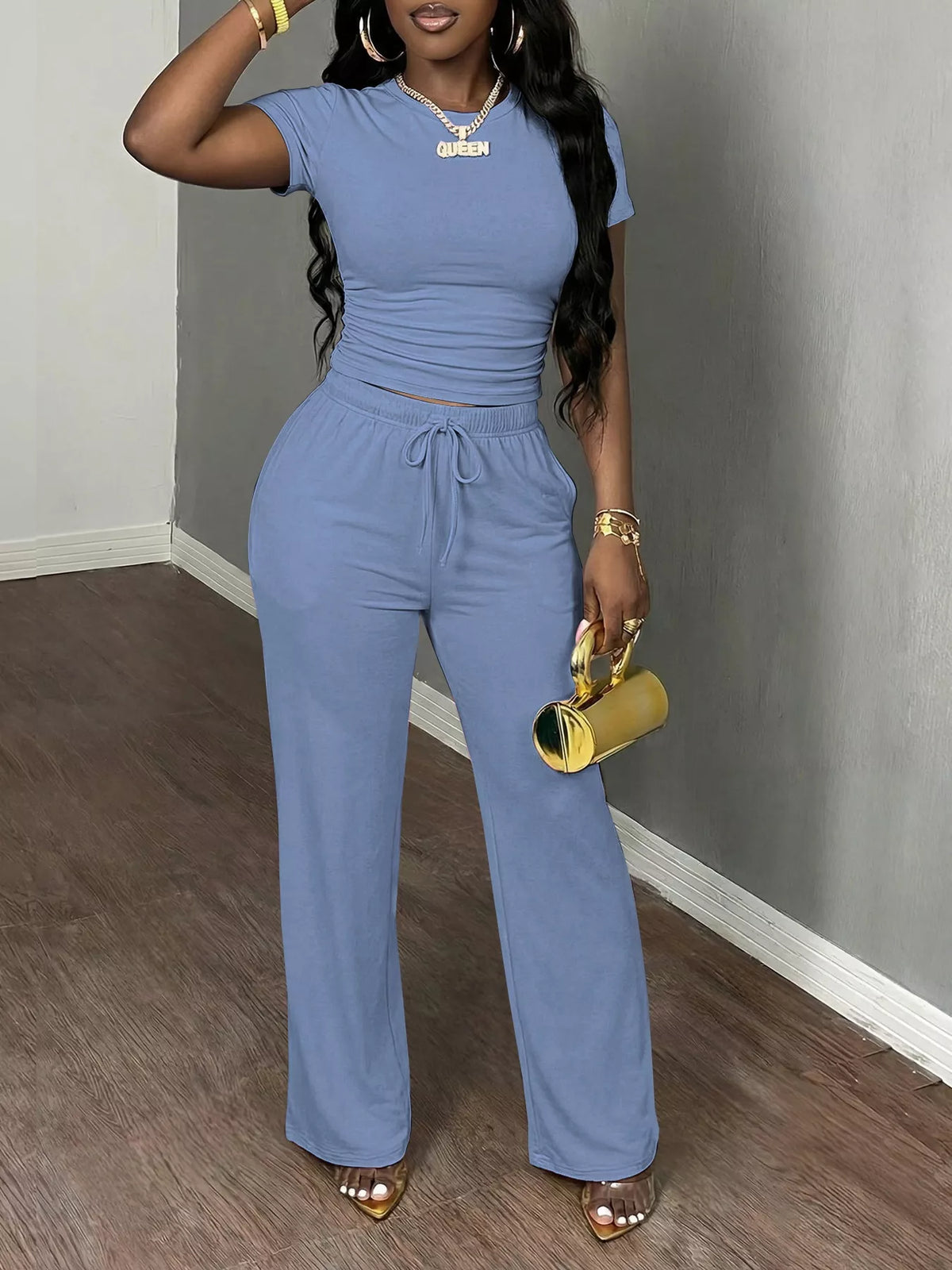 Light Blue Short Sleeve Top and Wide-Leg Pants Set, front view