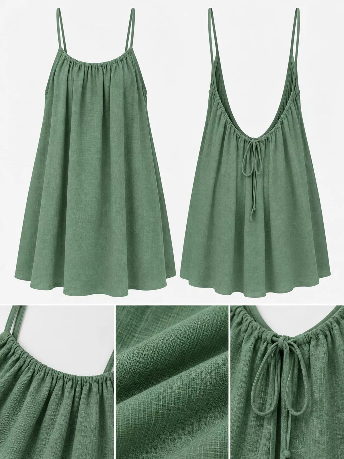 Sage spaghetti strap A-line mini dress with open tie back, front, back and construction details
