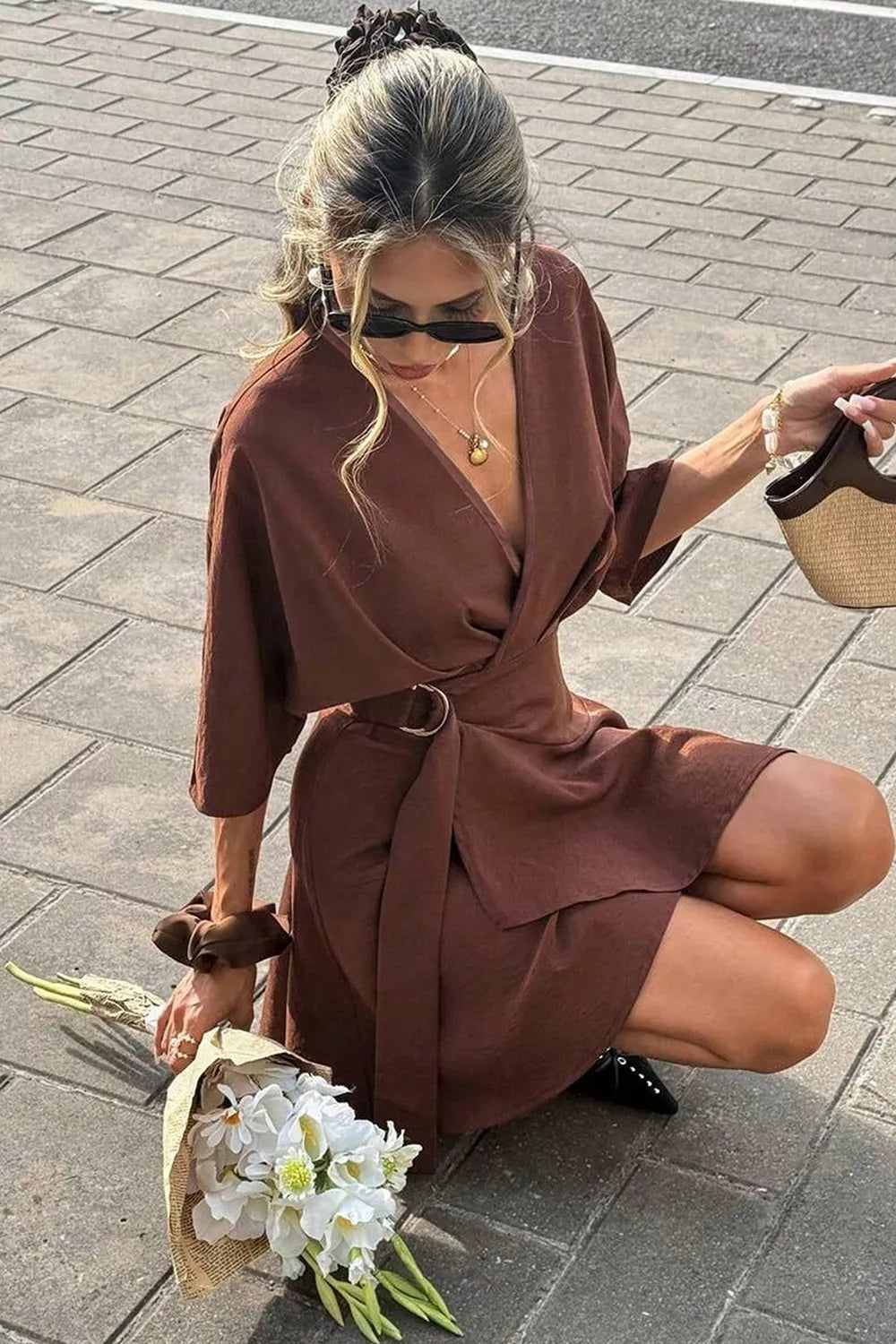 Trendsi Surplice Half Sleeve Mini Dress -