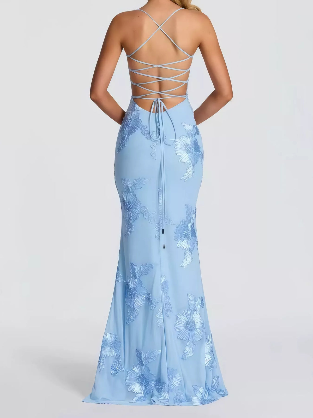 Floral spaghetti-strap maxi dress, back view