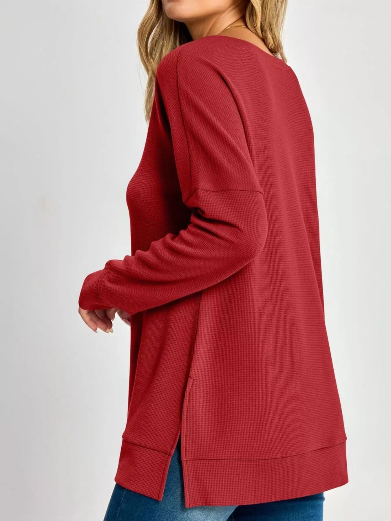 Trendsi Side Slit Waffle Knit V-Neck T-Shirt -