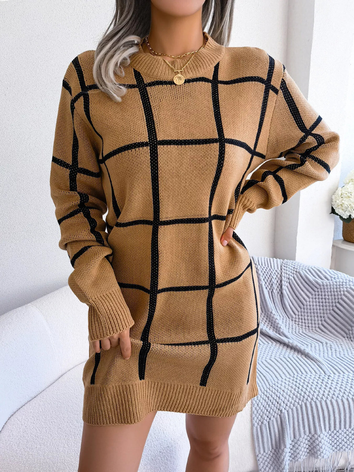 Camel windowpane long-sleeve sweater dress, unbelted front view.