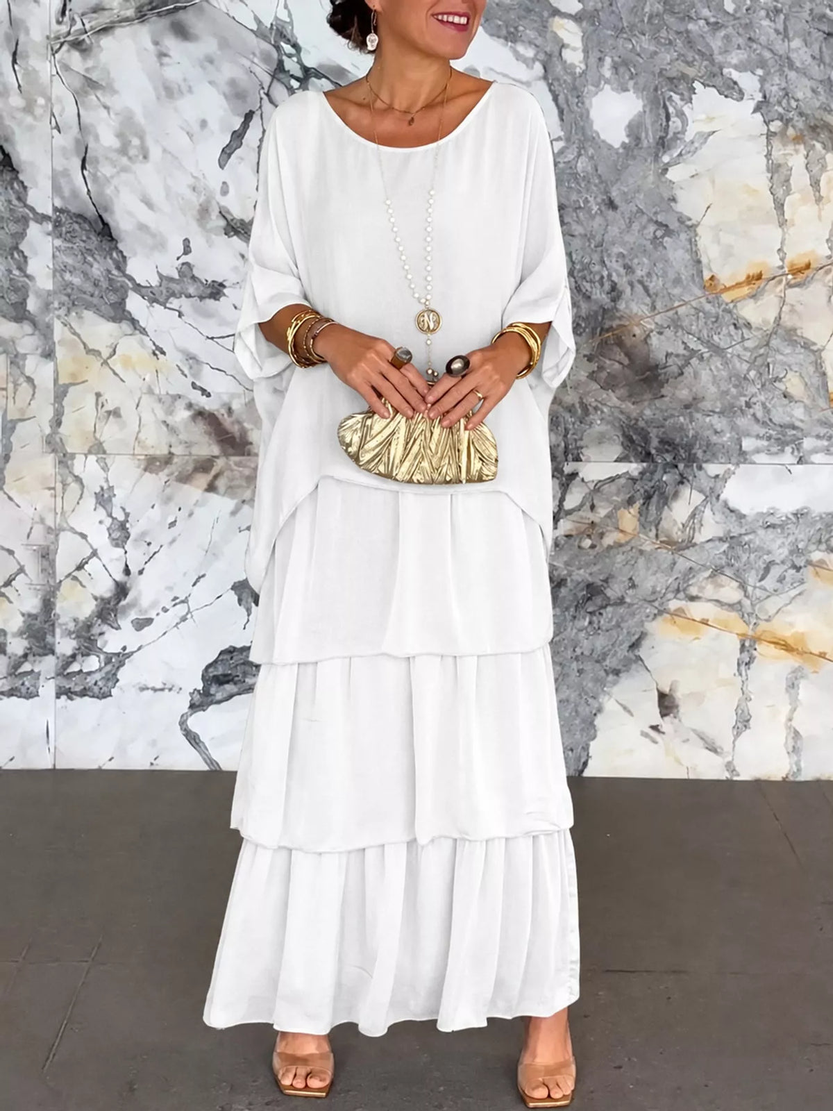 Layered maxi dress, white front
