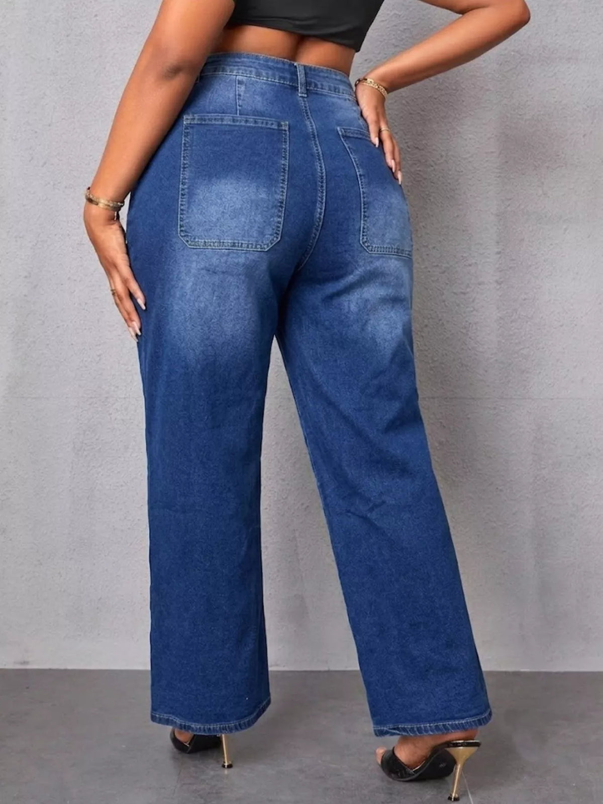 High-Waisted Patch Pocket Wide-Leg Jeans in blue, back view