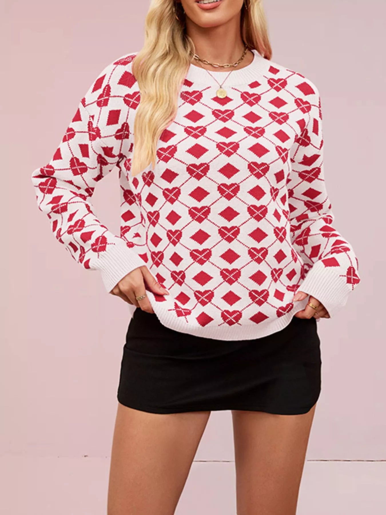 Trendsi Heart Pattern Argyle Knit Long Sleeve Sweater -
