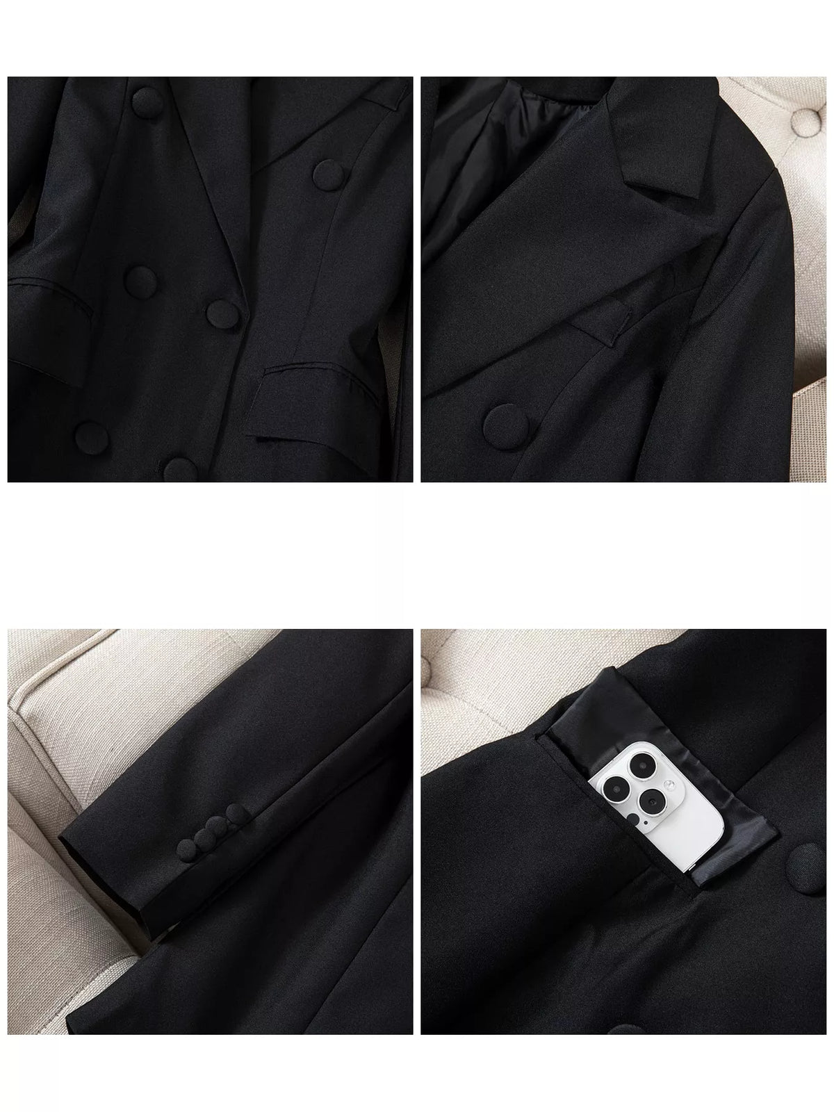 Double-breasted blazer, black pocket and cuff details