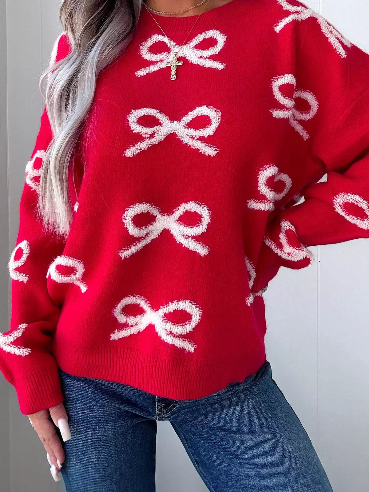 Bow Pattern Crew-Neck Sweater in red, bow detail