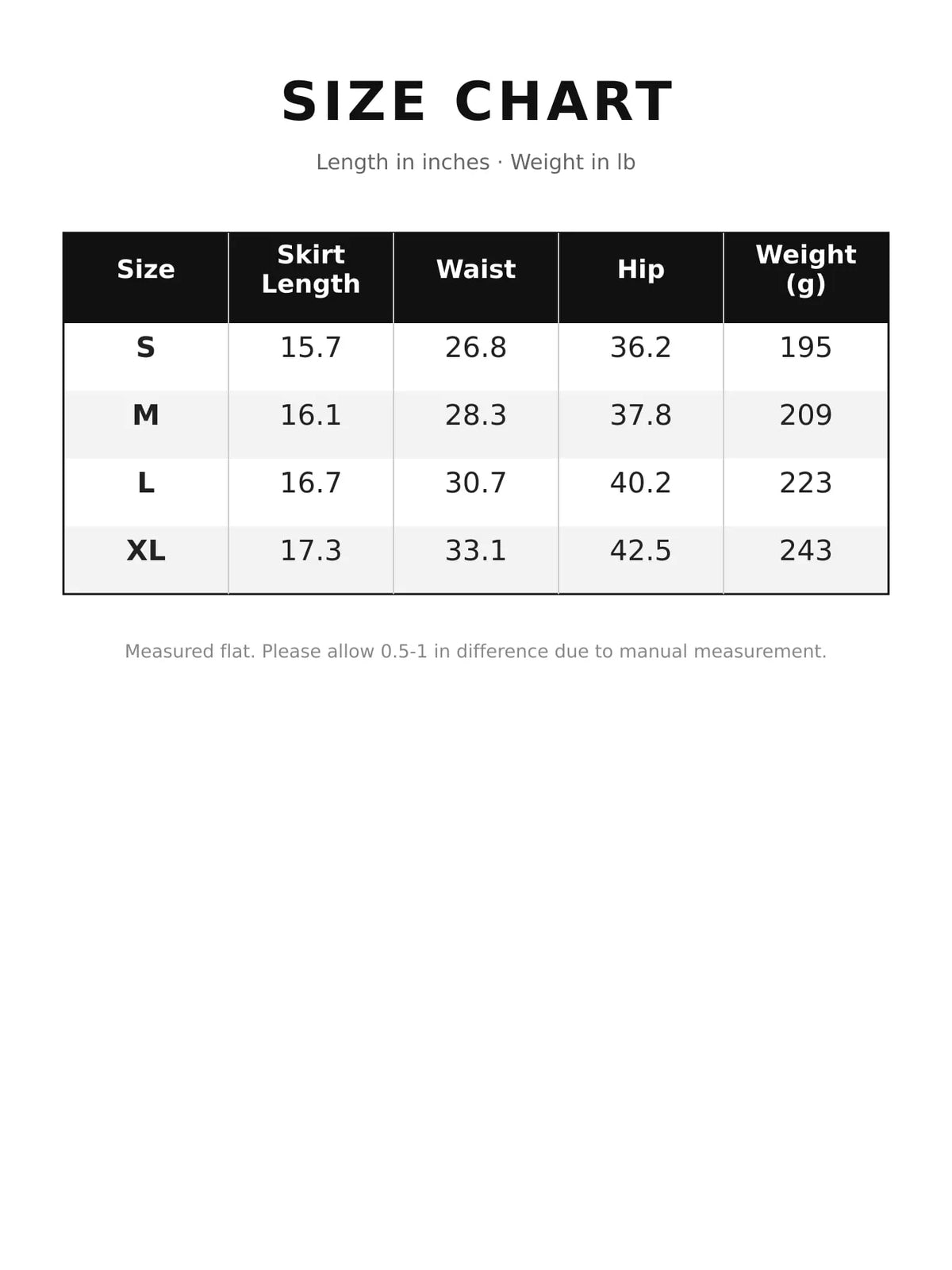 Size chart for zip-up mini skirt