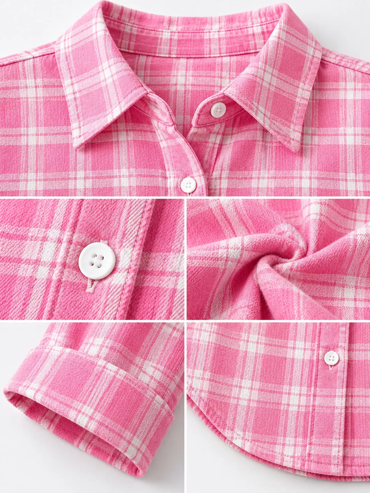 Pink plaid collar and fabric detail long sleeve shirt