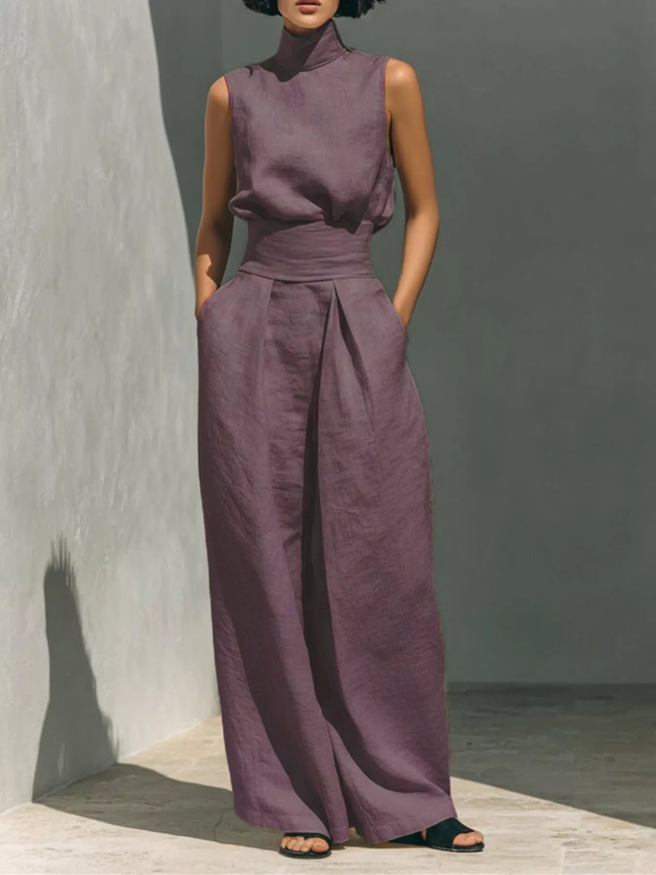 Turtleneck sleeveless top and wide-leg pants set