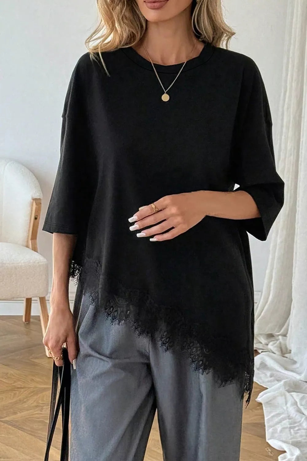 Trendsi Lace Asymmetrical Hem Round Neck T-Shirt -