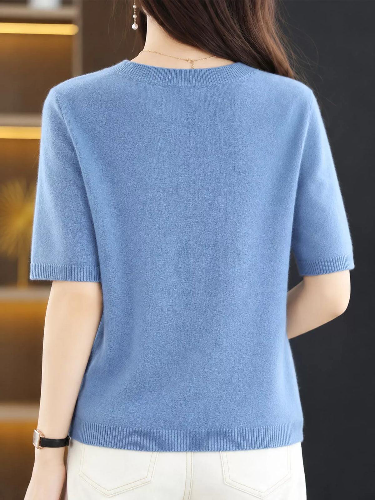 Blue round neck short-sleeve sweater, back view