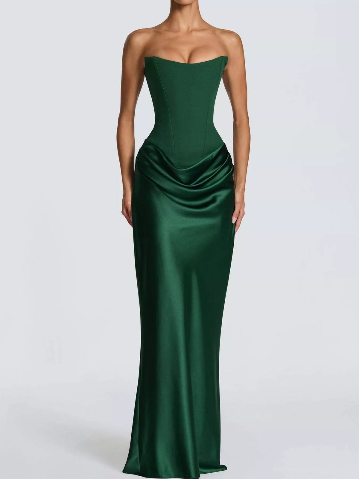 Sweetheart neck strapless maxi dress, front view on model