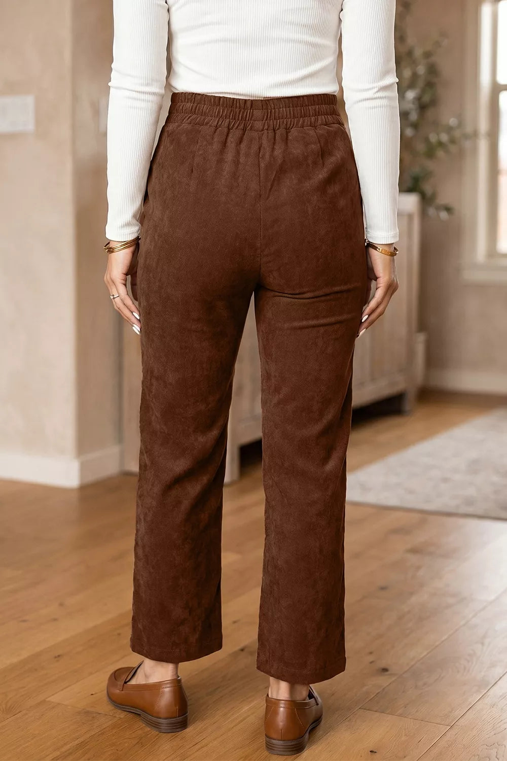 Women's elastic-waist straight-leg ankle-length corduroy pants