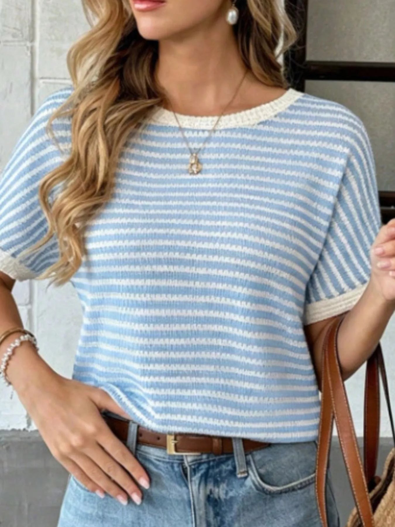 Trendsi Striped Knit Relaxed Fit T-Shirt -