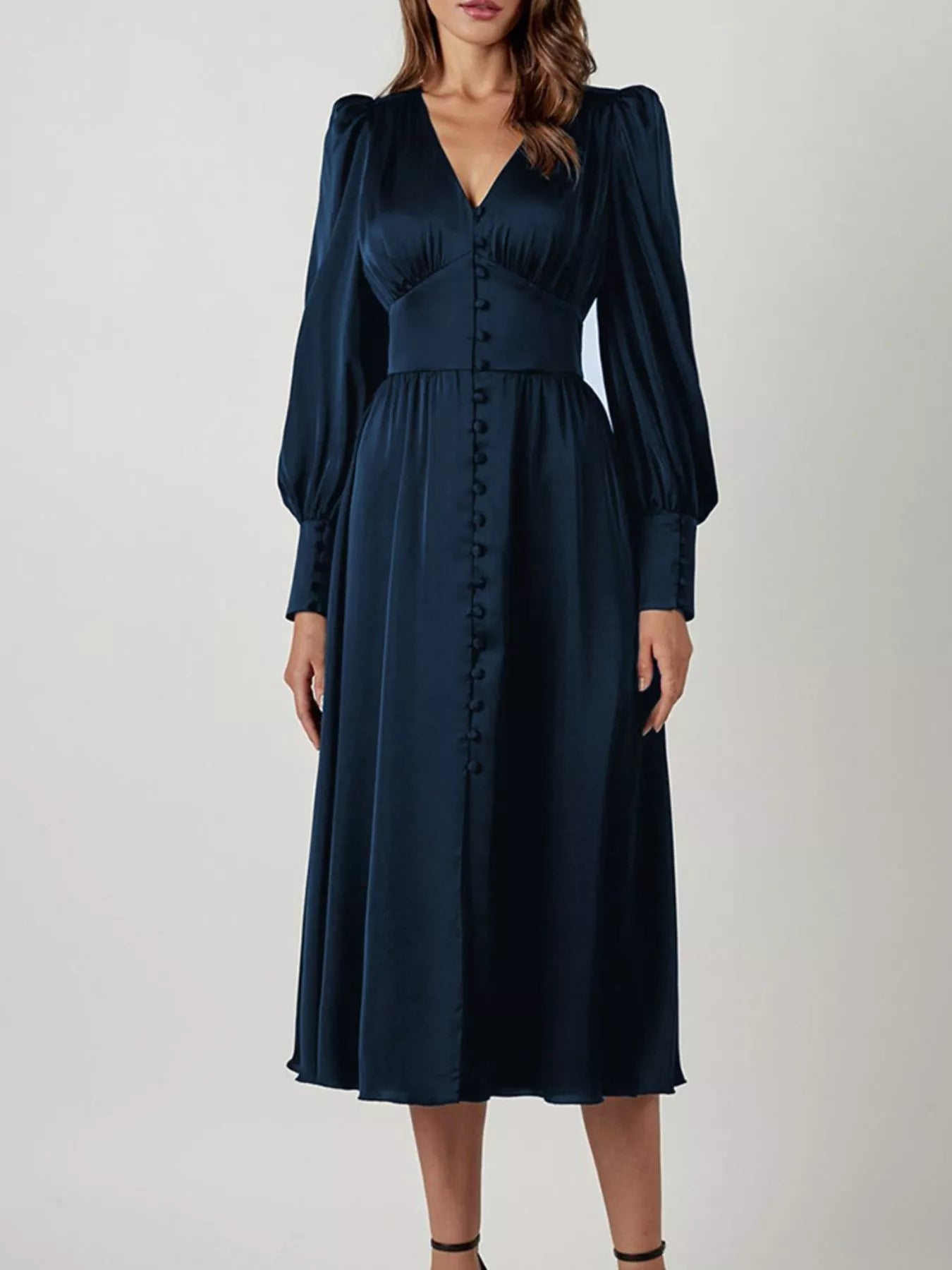 Trendsi Elegant V-Neck Puff Sleeve Button-Down Midi Dress -