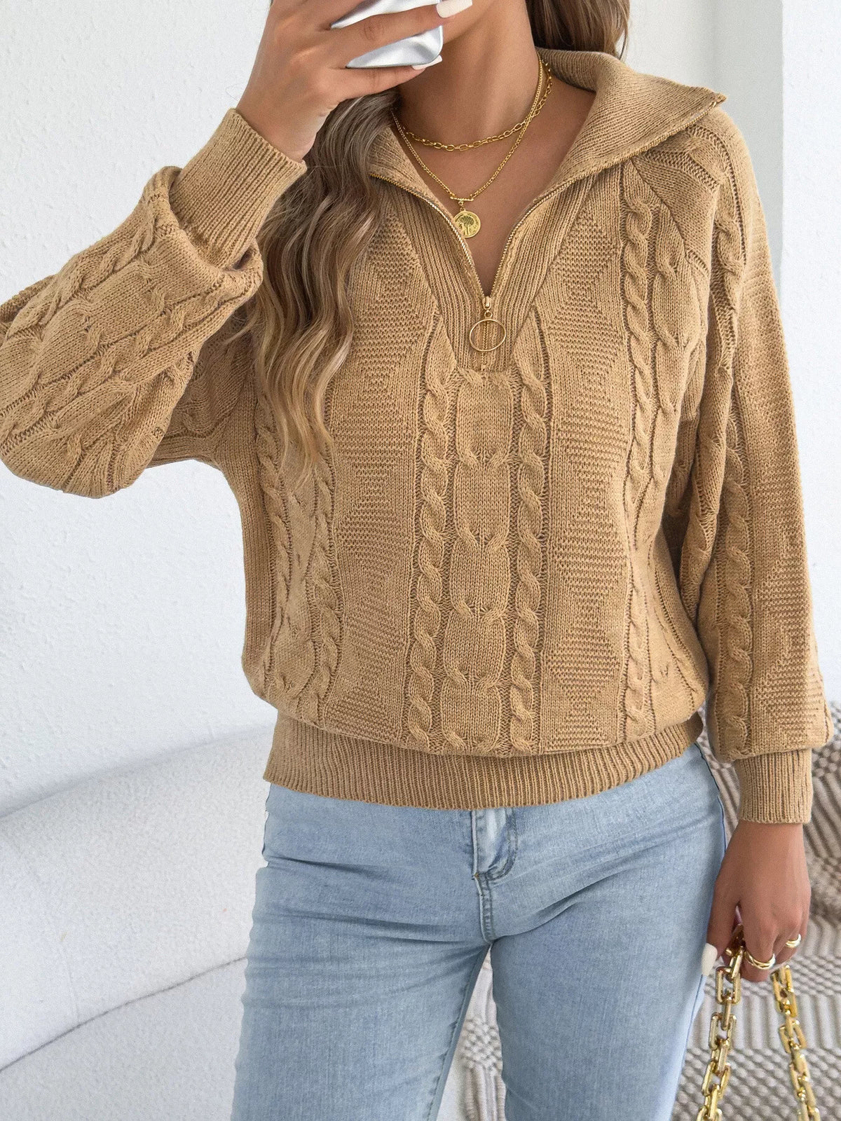 Khaki quarter-zip cable knit sweater