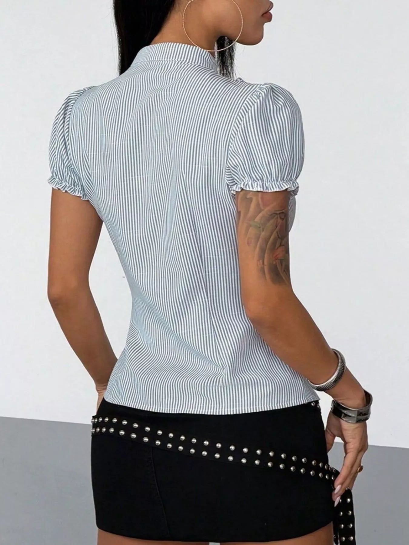 Trendsi Frill Striped Short Sleeve Shirt -