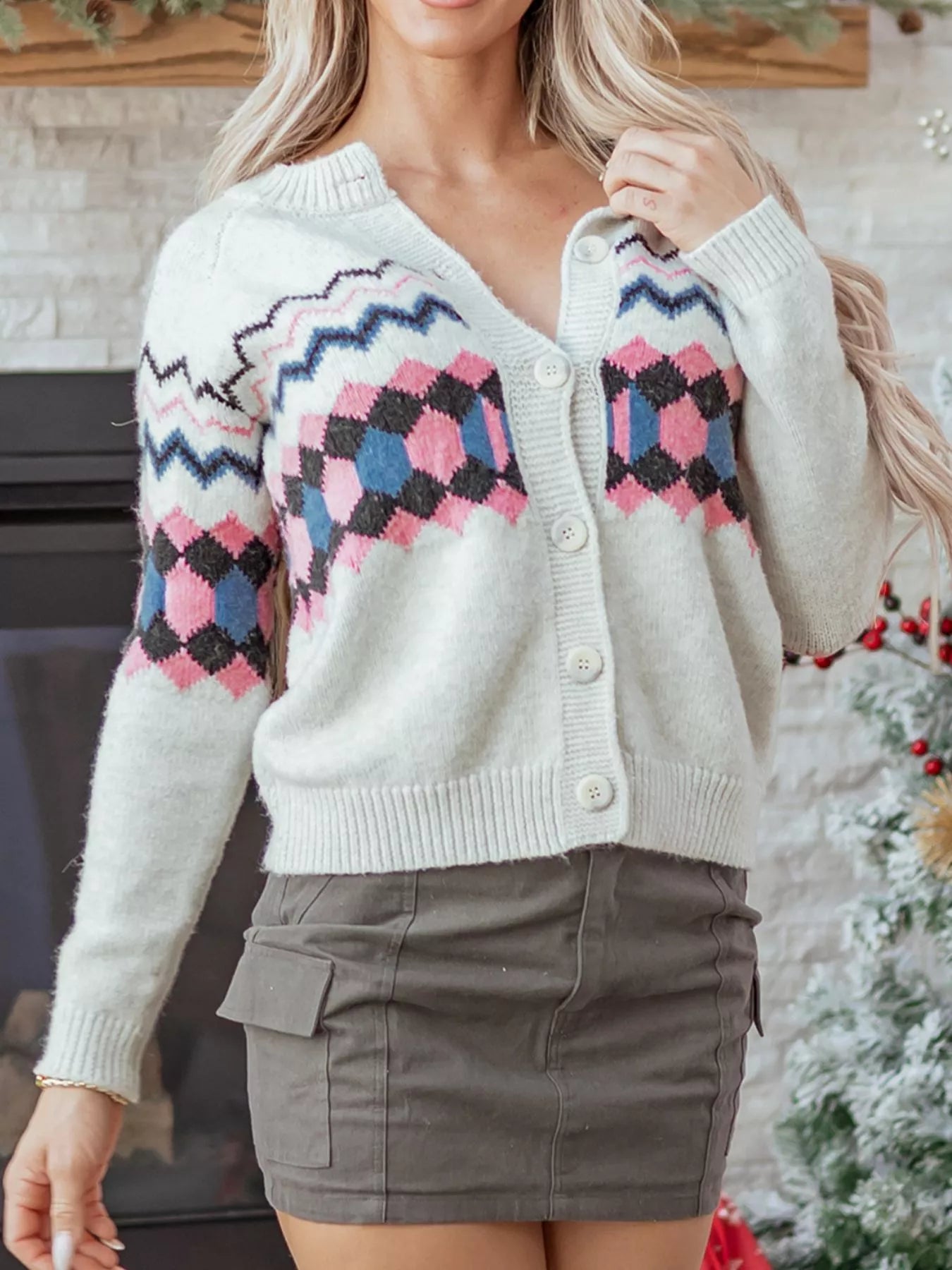 Trendsi Stripe Geometric Button Up Sweater Cardigan -