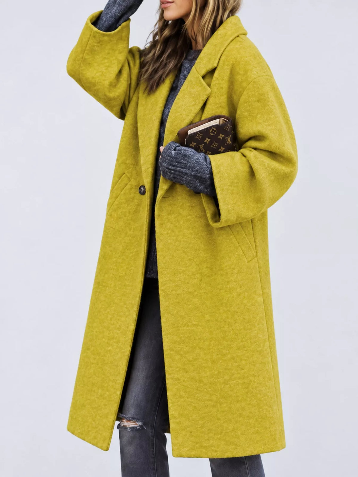 Yellow lapel collar one button coat