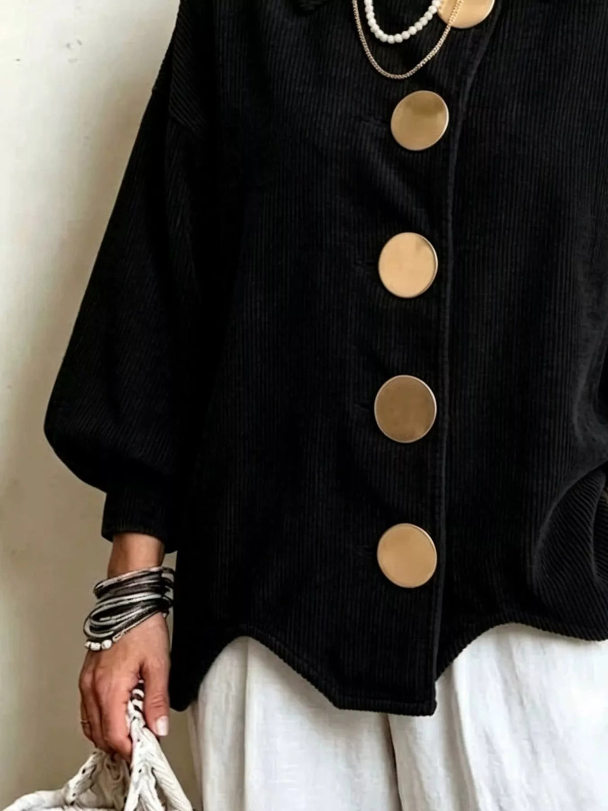 Black corduroy button-down jacket, button front and gathered sleeve