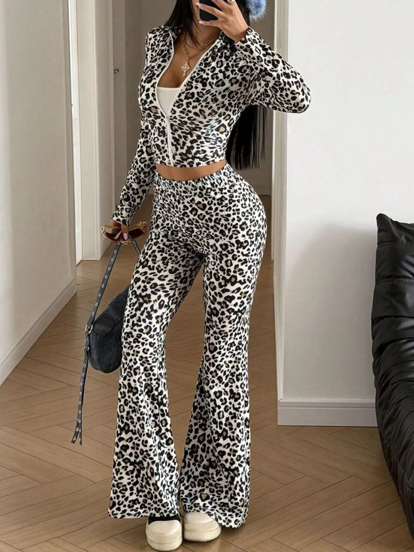 Trendsi Leopard Print Zip-Up Crop Top and Flared Pants Two-Piece Set -