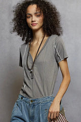 Trendsi POL V-Neck Short Sleeve Top with Stitch Seam Detail -