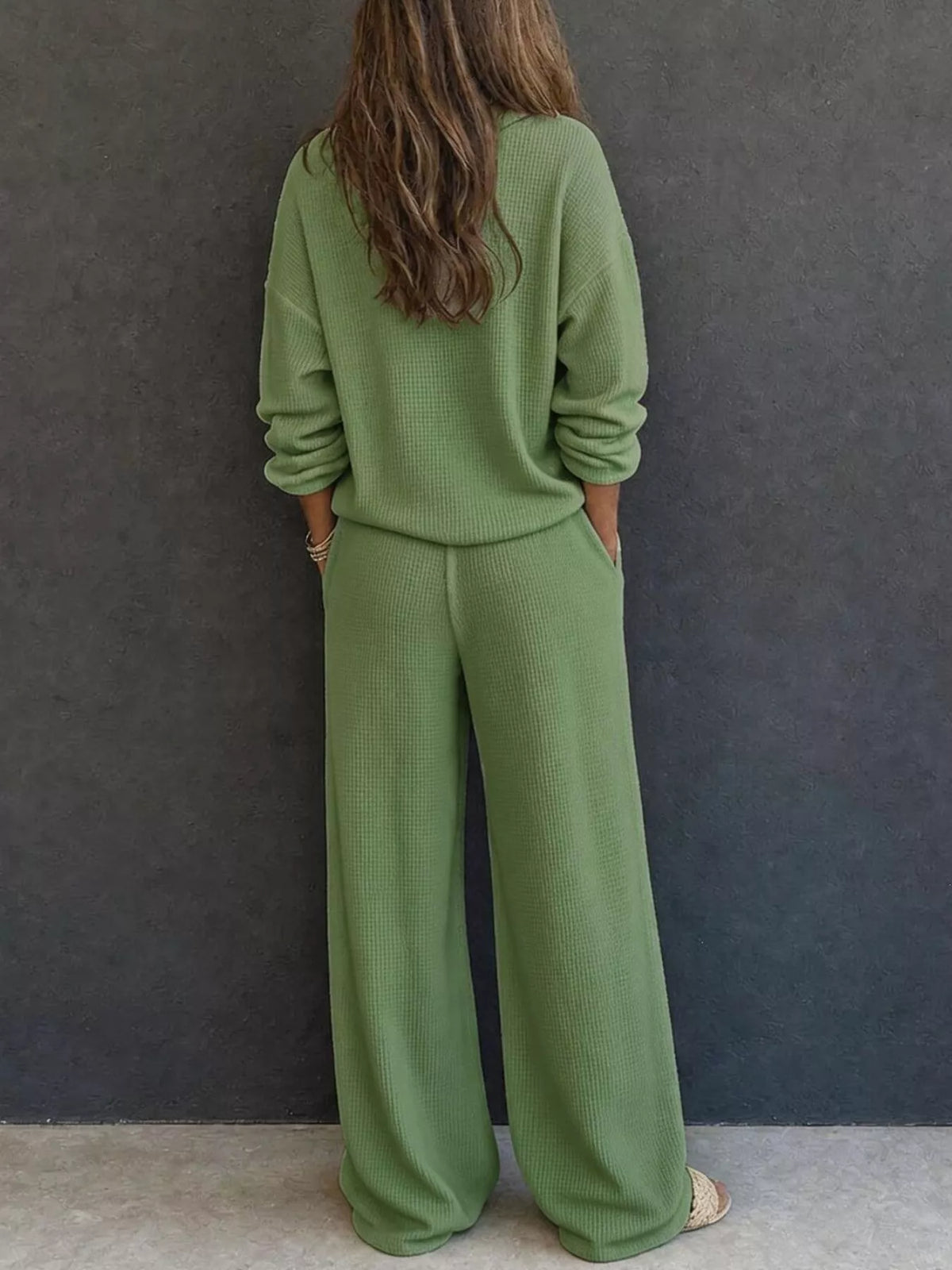 Women's Waffle Knit Button Detail Top and Pants Set in green — back view