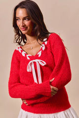 Trendsi SO ME Satin Tape Braided Ribbon Tie V Neck Sweater -