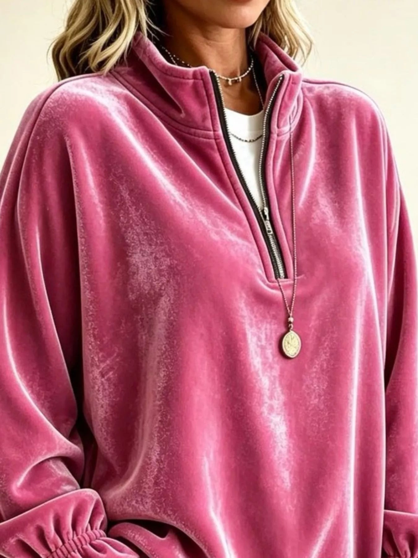 Trendsi Velvet Quarter-Zip Sweatshirt with Ruffled Cuffs -