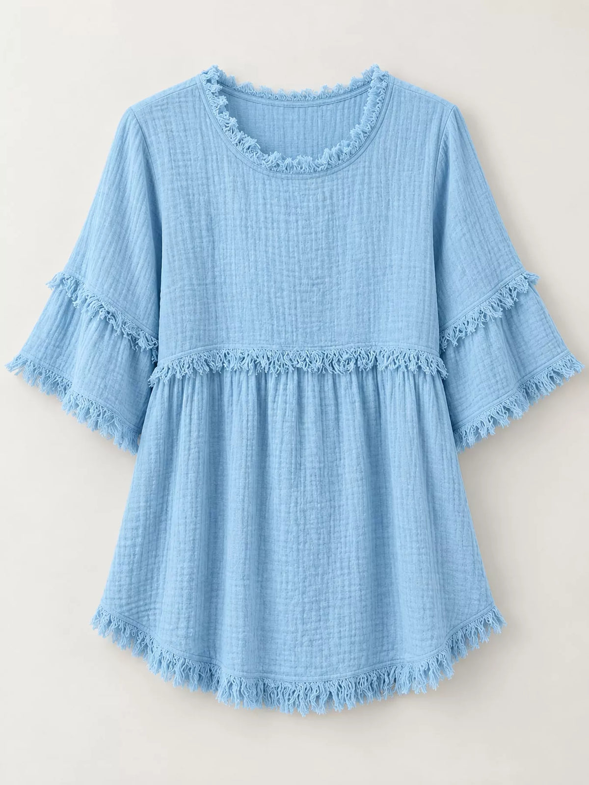 Blue frayed edge textured blouse