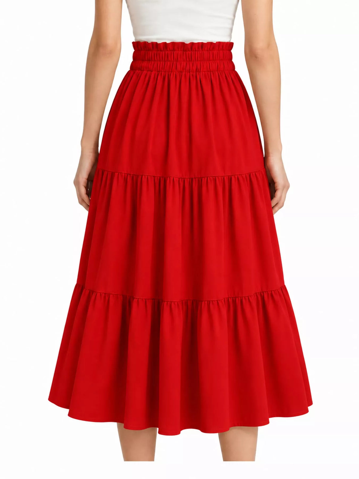 Red drawstring tiered skirt — back view