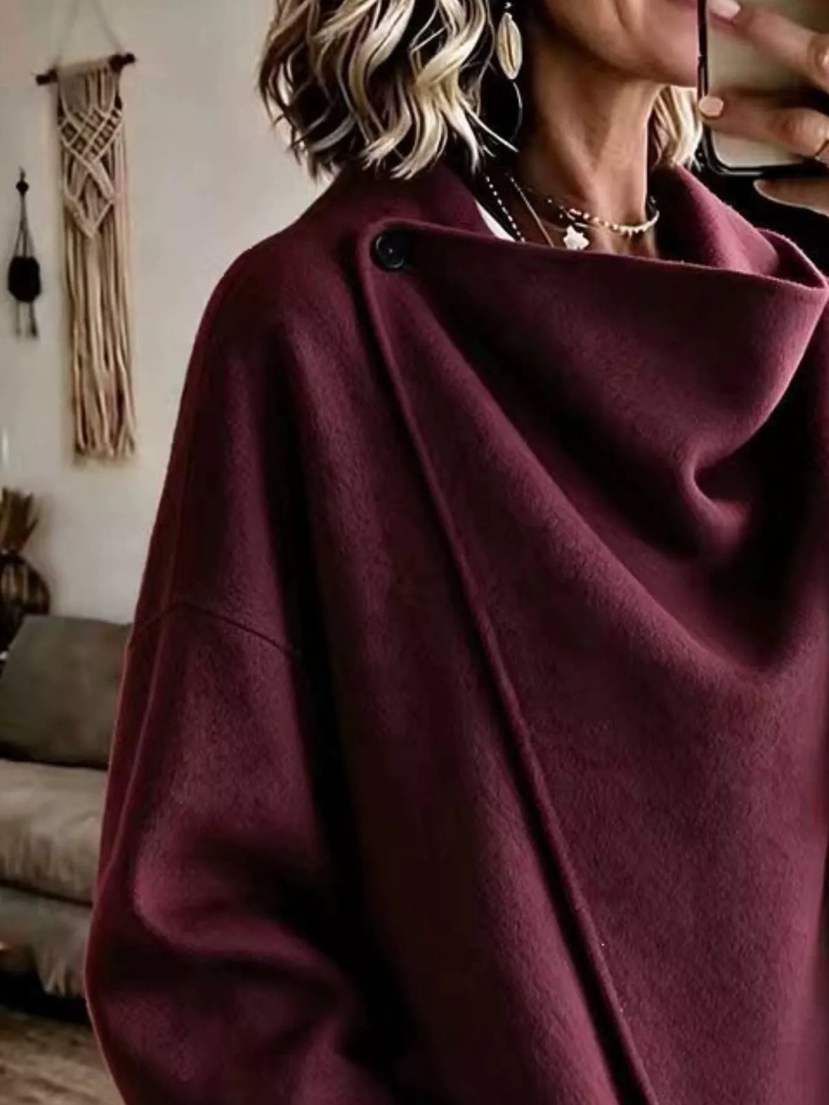 Burgundy asymmetric cowl neck cape-style jacket, cowl neckline and shoulder button