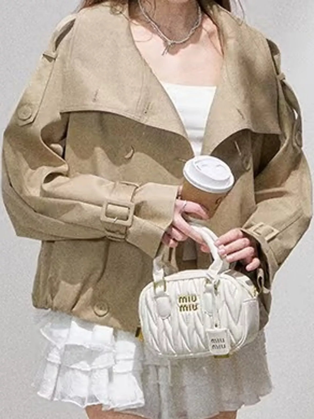 Khaki double-breasted stand collar cropped trench jacket