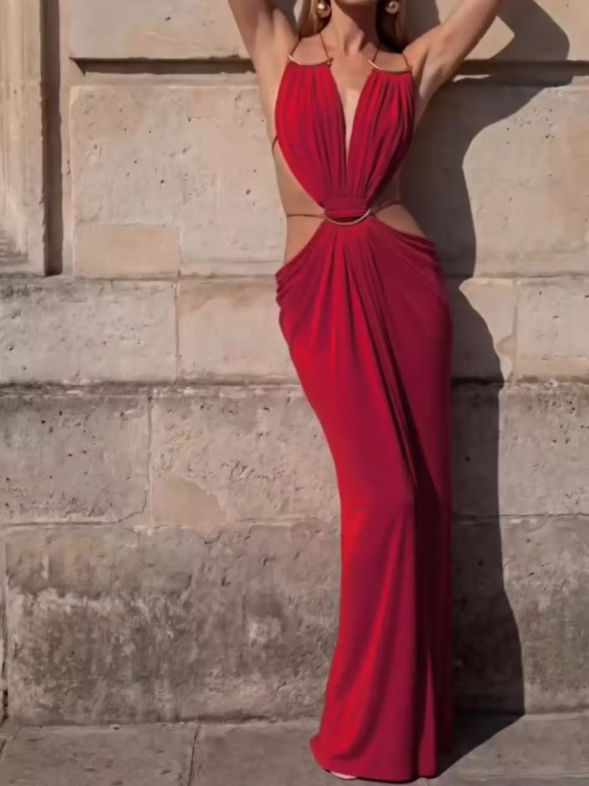 Red backless plunge cut-out maxi dress