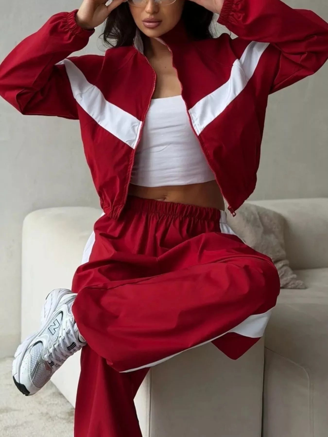 Trendsi Color Block Zip Up Outerwear and Pants Set -